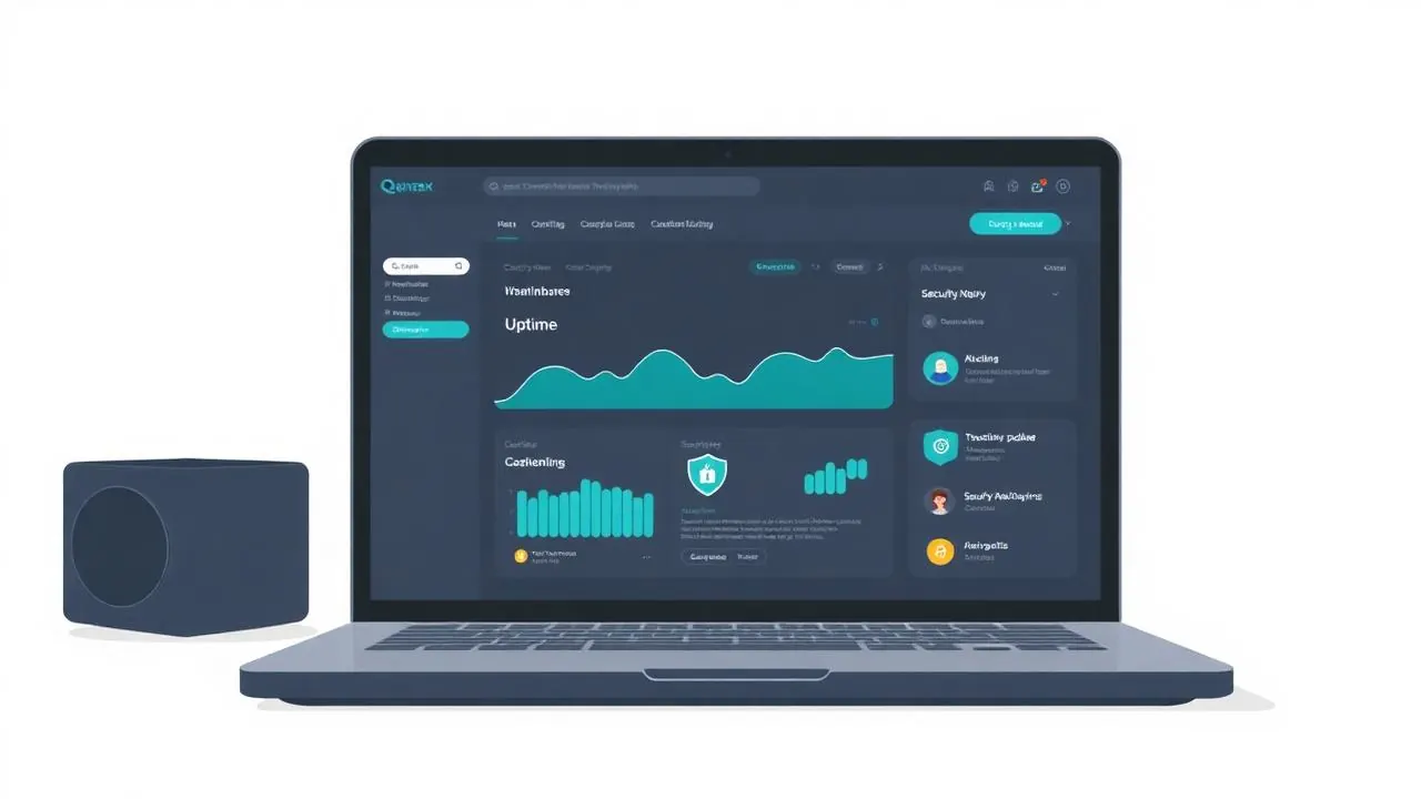 Dashboard di manutenzione di un sito web con grafico uptime, aggiornamenti di sicurezza e stato dei backup
