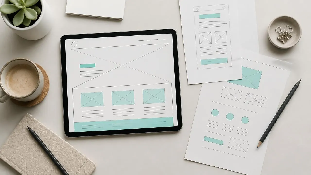 Progettazione di un sito web: wireframe su tablet e schizzi delle pagine su carta