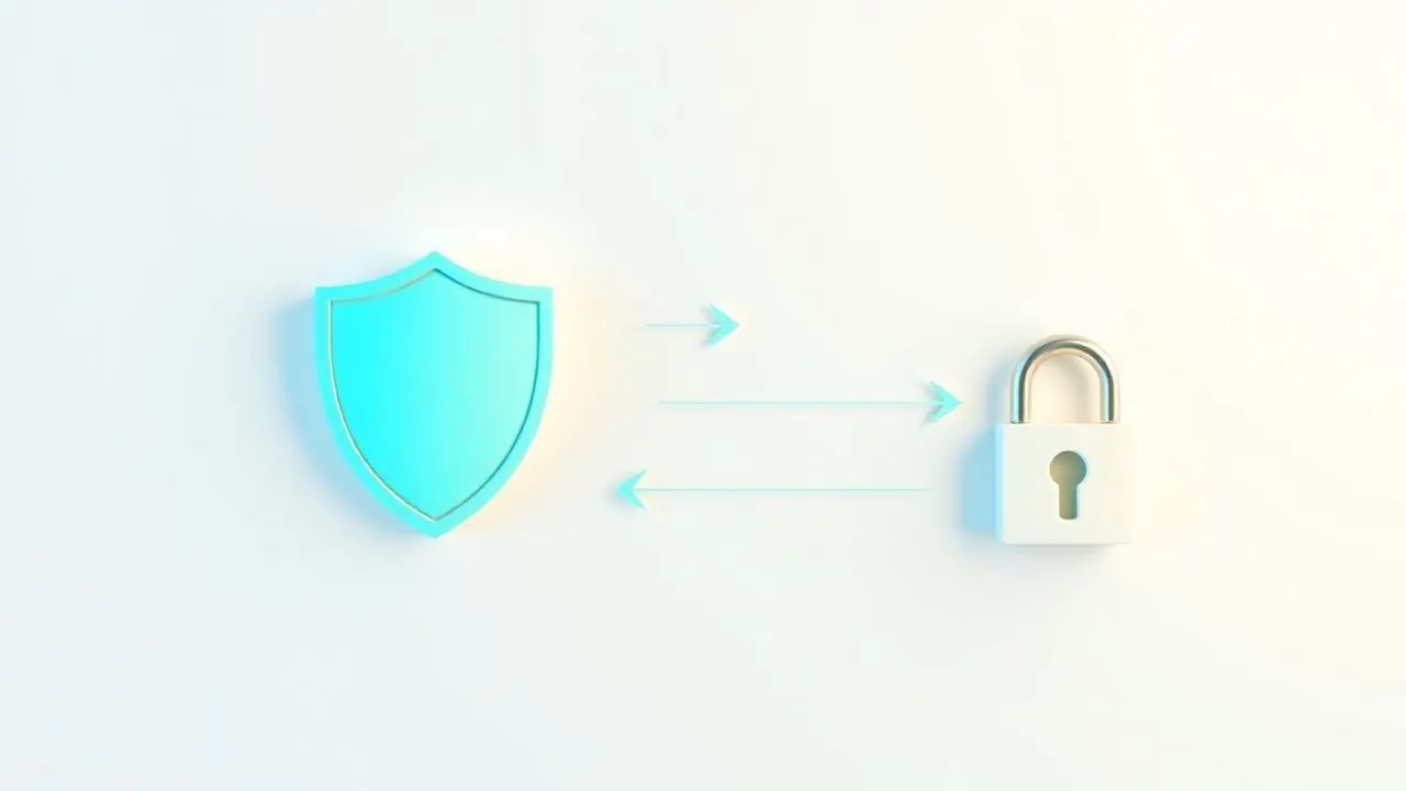 Illustrazione di sicurezza e backup di un sito web: scudo, lucchetto e sincronizzazione dei dati